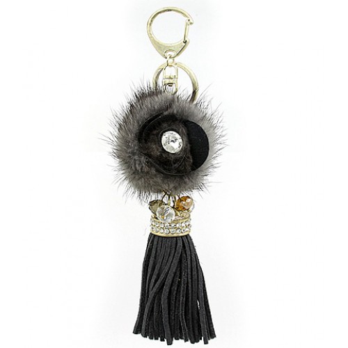 Key Chain - Rabbit Fur w/ Leather Tassels - Gray